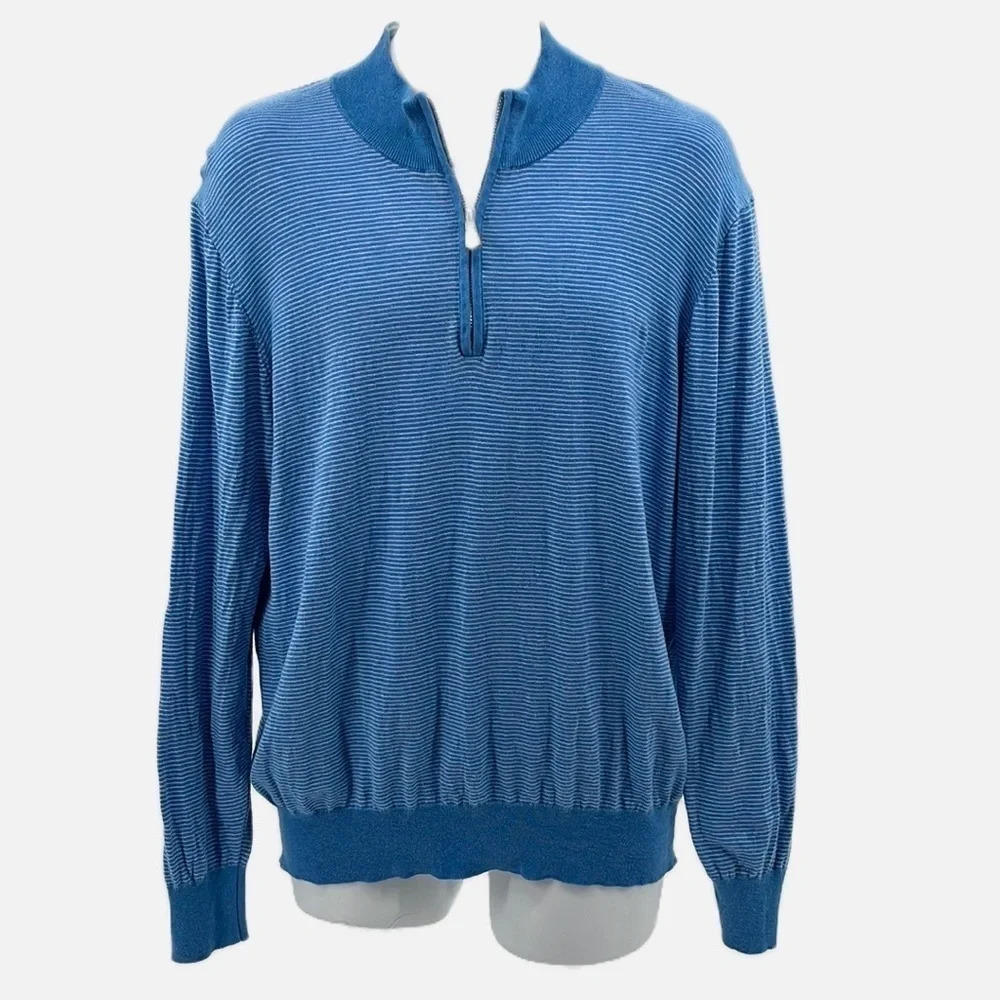 Peter Millar Crown Soft Striped 1/4 Zip Sweater in Riverbed - Size Large
